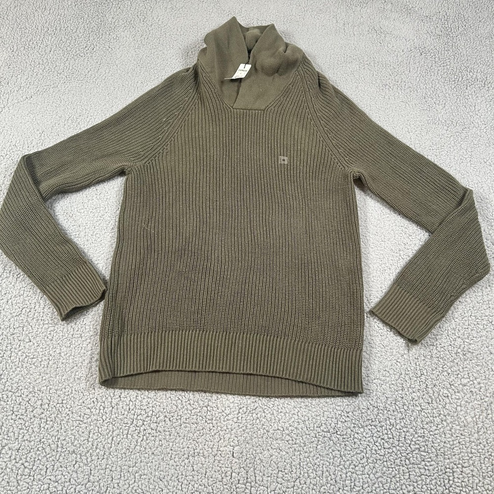 Express Sweater Mens Medium Green Hooded V Neck 100% Cotton Knit Pullover Top